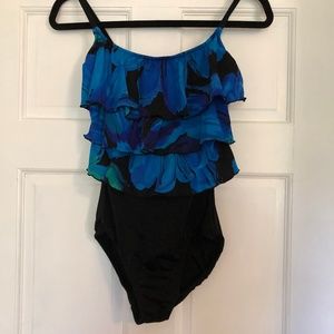 Black One Piece with Blue Floral Ruffles Swim